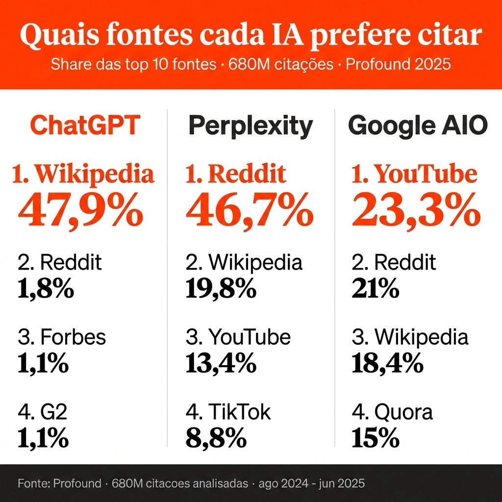 Infográfico: Quais fontes cada IA prefere citar - ChatGPT Wikipedia 47,9%, Perplexity Reddit 46,7%, Google AIO YouTube 23,3%
